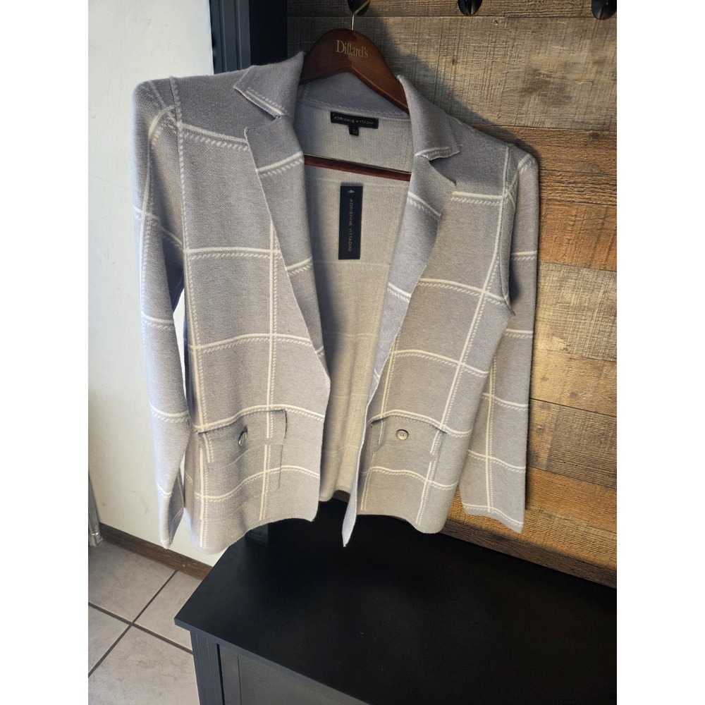 gray and white plaid knit blazer-style cardigan